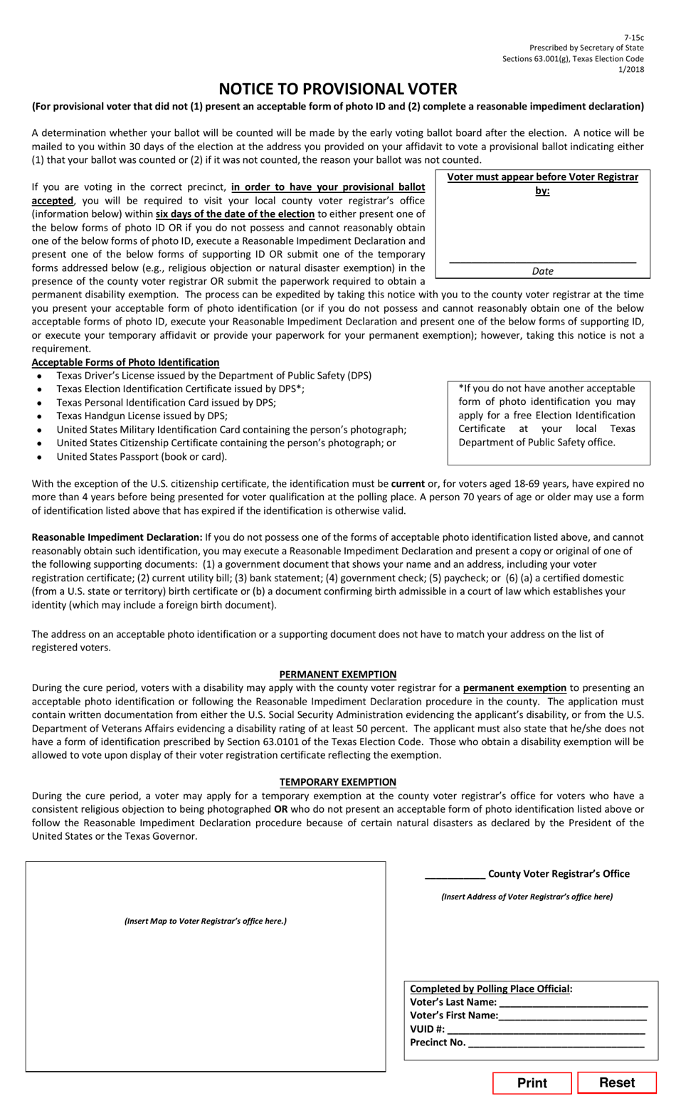 Form 7-15C Notice to Provisional Voter - Texas, Page 1