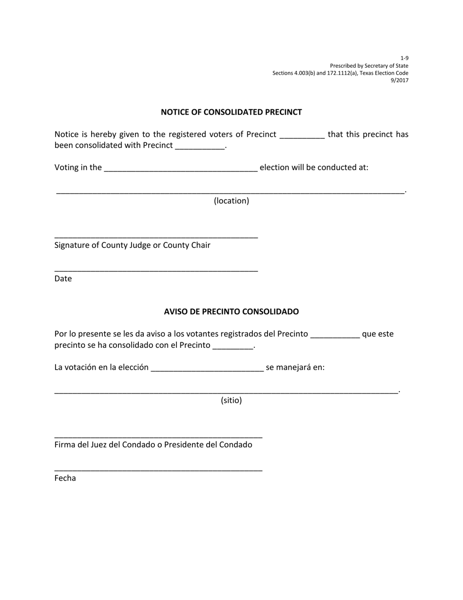 Form 1-9 Notice of Consolidated Precinct - Texas (English / Spanish), Page 1