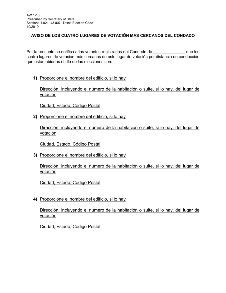 Form AW1-16 Notice of Four Nearest Countywide Polling Place Locations - Texas (English / Spanish), Page 2