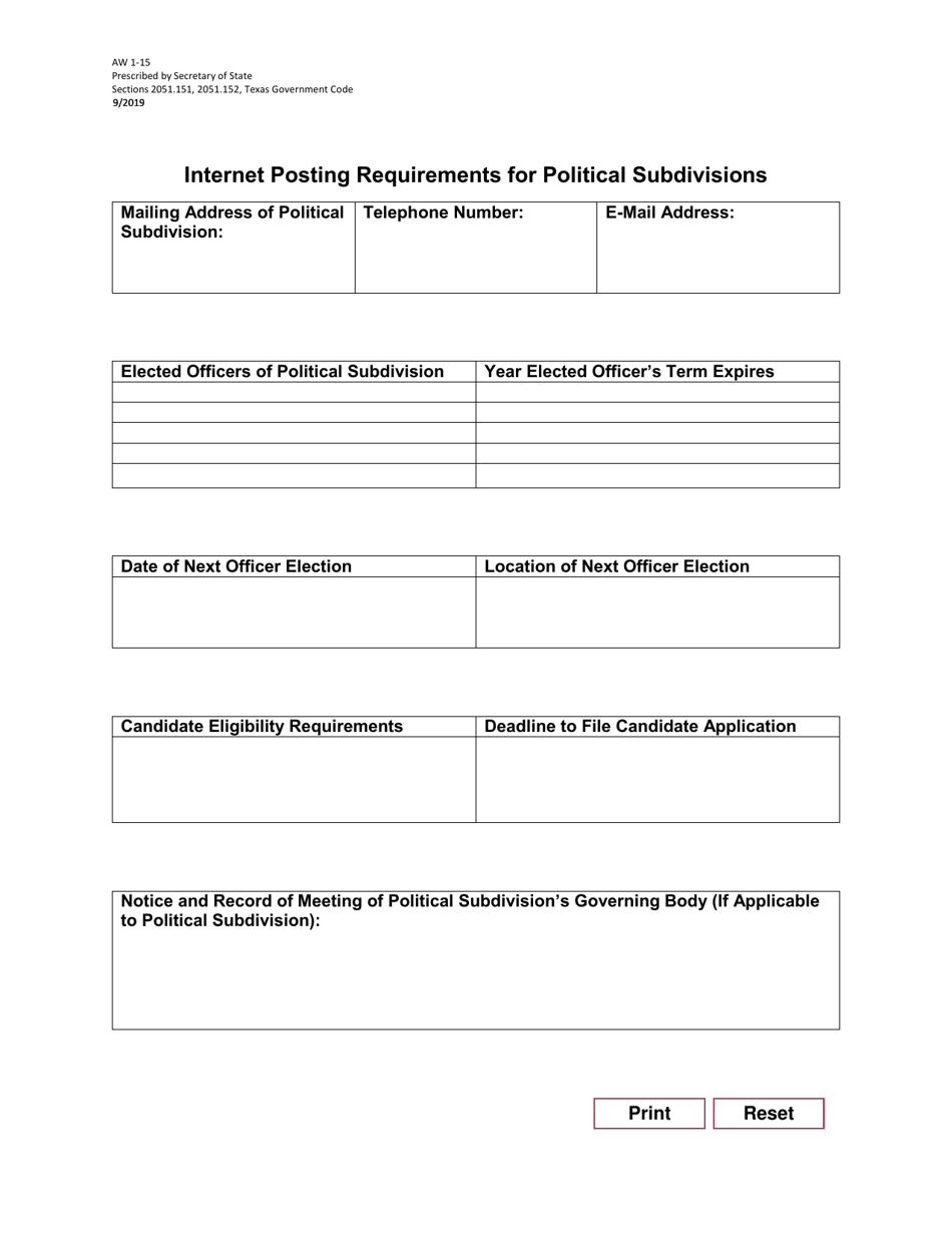 Form AW1-15 Internet Posting Requirements for Political Subdivisions - Texas (English / Spanish), Page 1