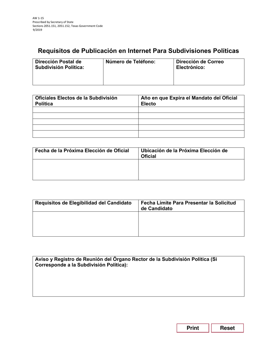 Form AW1-15 Internet Posting Requirements for Political Subdivisions - Texas (English / Spanish), Page 2