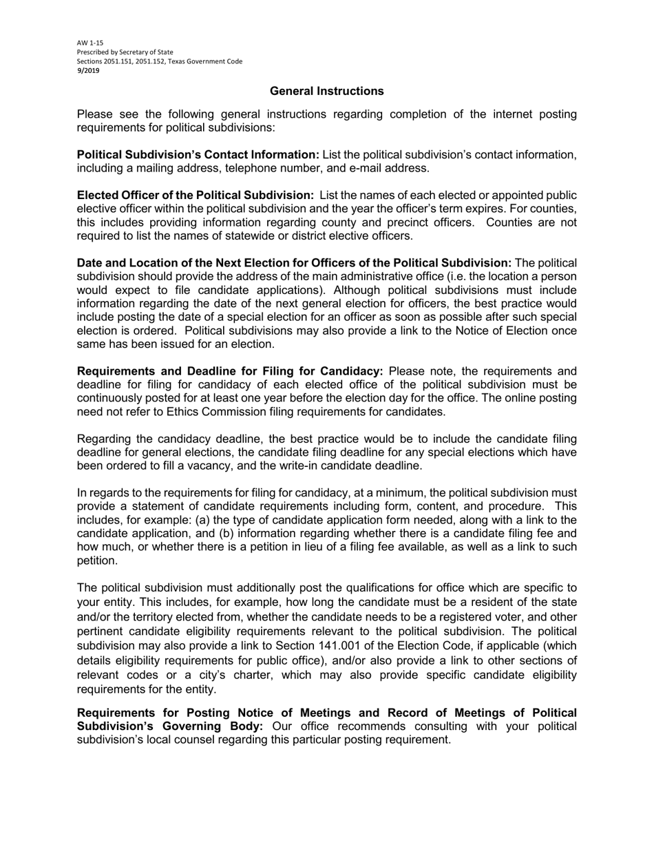 Form AW1-15 Internet Posting Requirements for Political Subdivisions - Texas (English / Spanish), Page 3