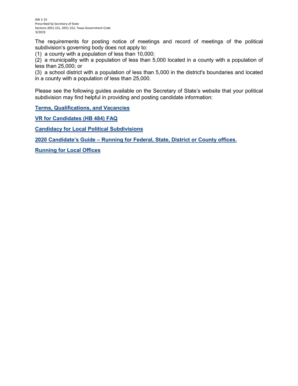 Form AW1-15 Internet Posting Requirements for Political Subdivisions - Texas (English / Spanish), Page 4