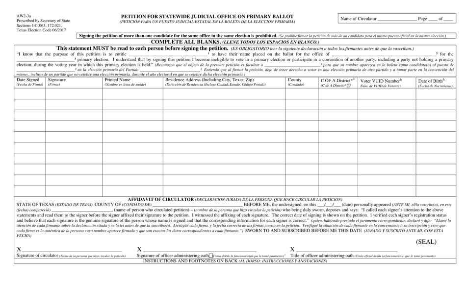 Form AW2-3A Petition for Statewide Judicial Office on Primary Ballot - Texas (English / Spanish), Page 1