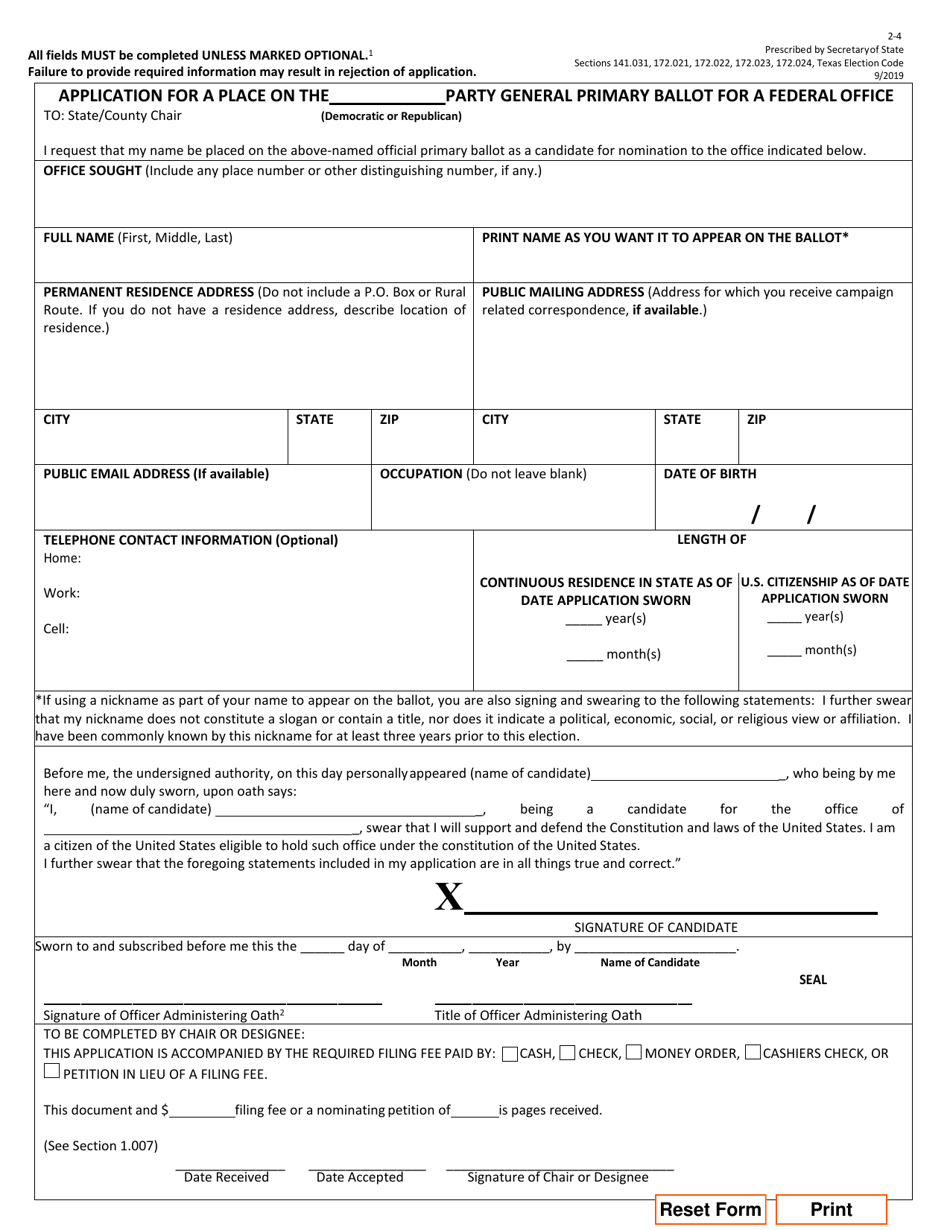 Form 2-4 Application for a Place on the Party General Primary Ballot for a Federal Office - Texas (English/Spanish), Page 1