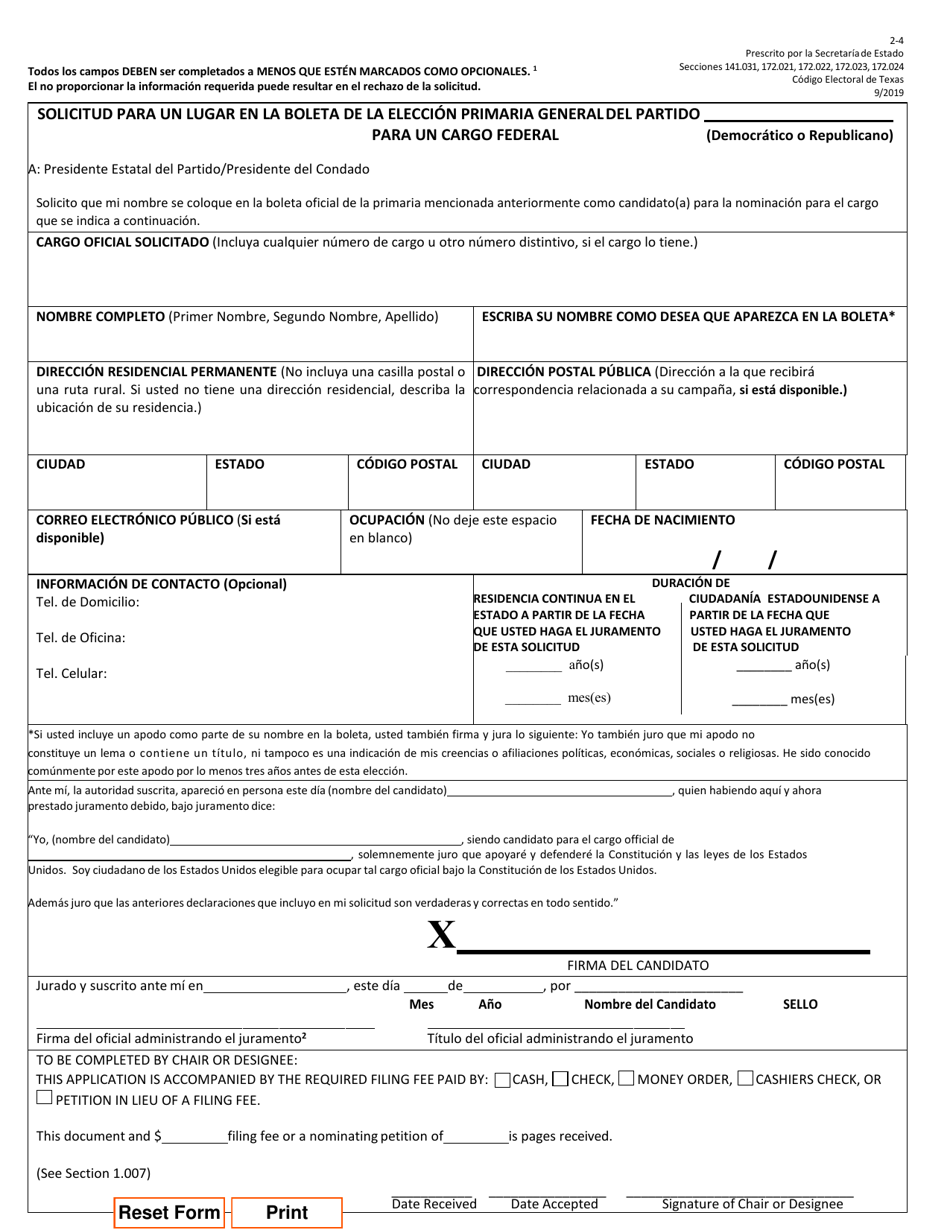 Form 2-4 Application for a Place on the Party General Primary Ballot for a Federal Office - Texas (English / Spanish), Page 3