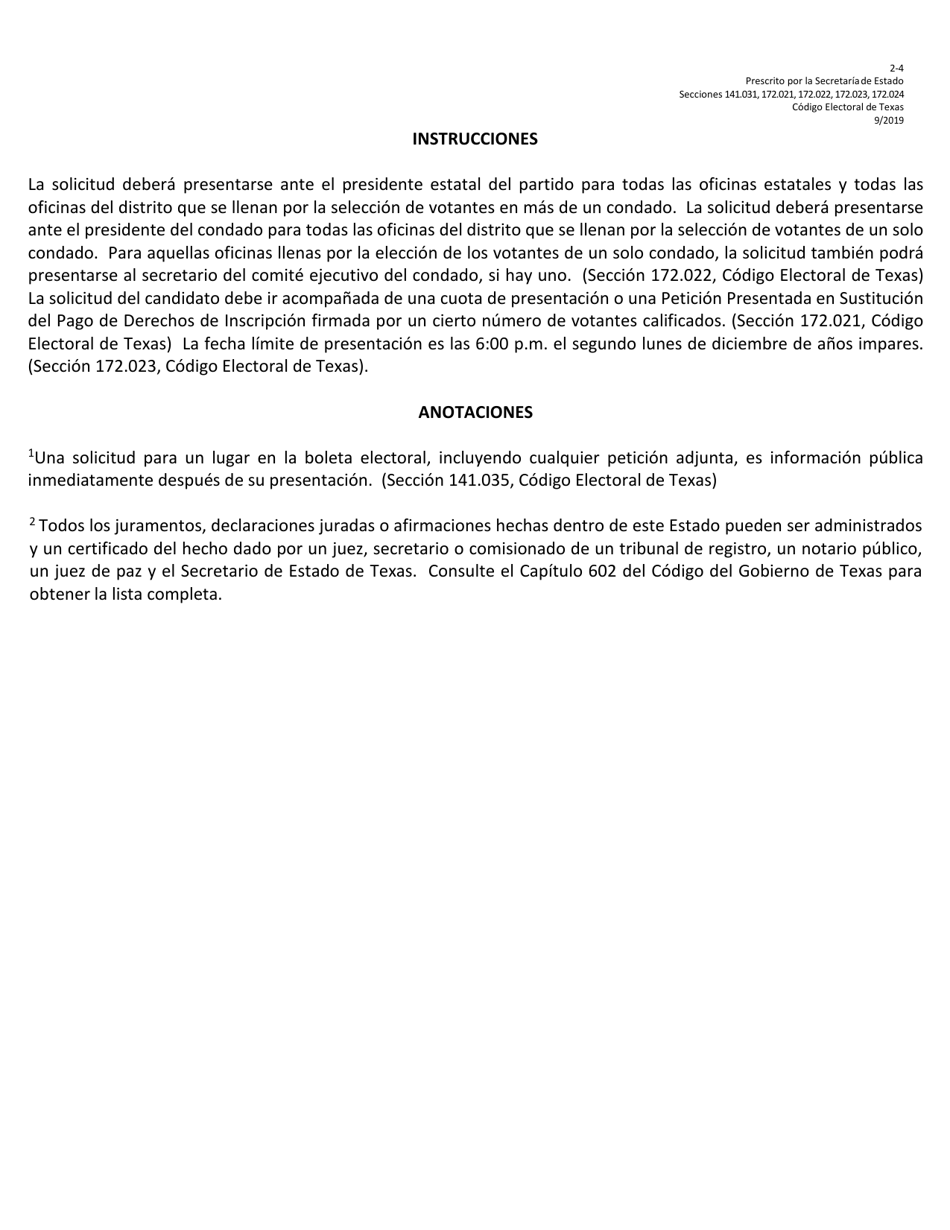 Form 2-4 Application for a Place on the Party General Primary Ballot for a Federal Office - Texas (English / Spanish), Page 4