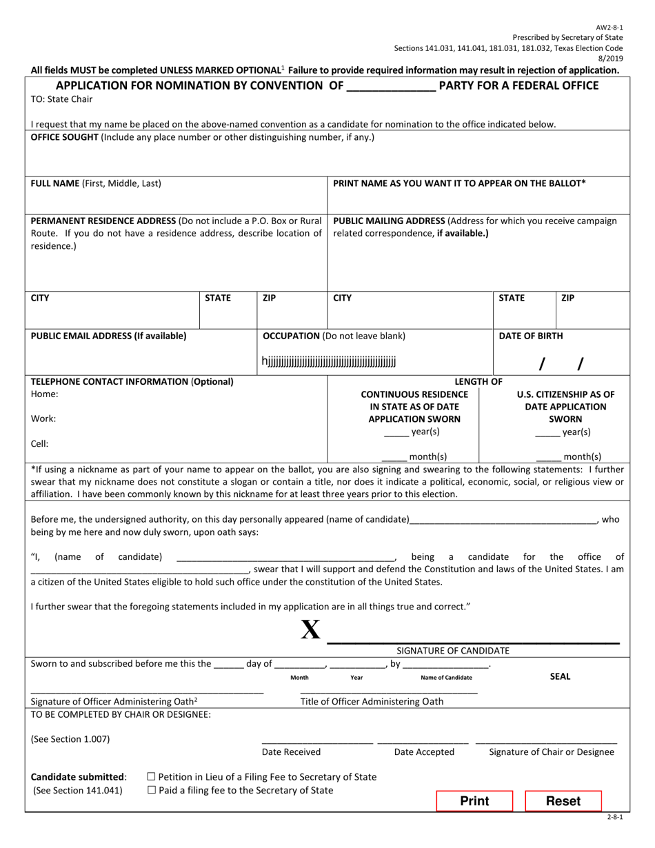 Form AW2-8-1 Application for Nomination by Convention of Party for a Federal Office - Texas (English/Spanish), Page 1