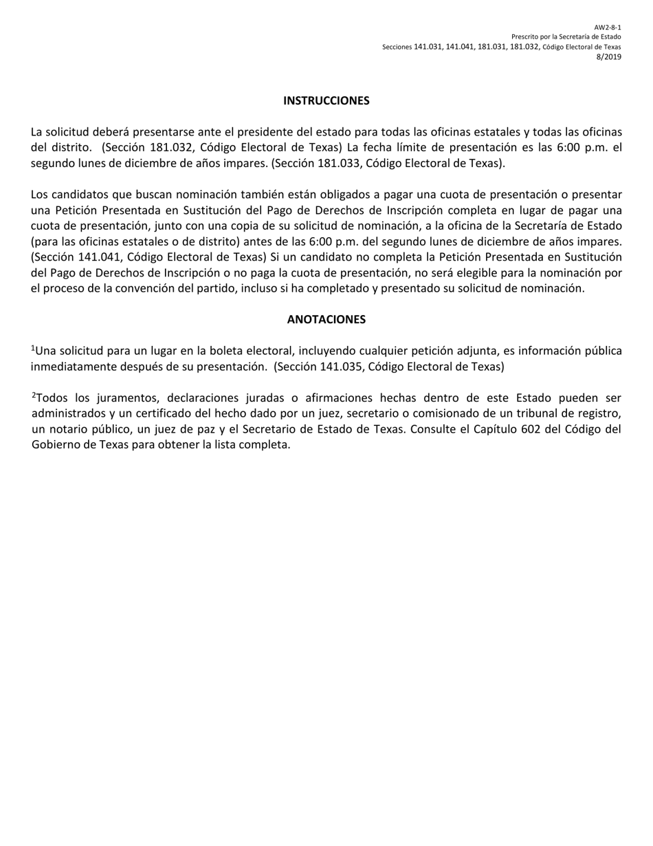 Form AW2-8-1 Application for Nomination by Convention of Party for a Federal Office - Texas (English / Spanish), Page 4