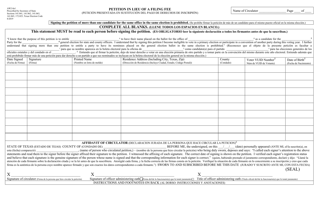 Form AW2-8A1 Petition in Lieu of Filing Fee for Candidate Filings - Texas (English/Spanish)