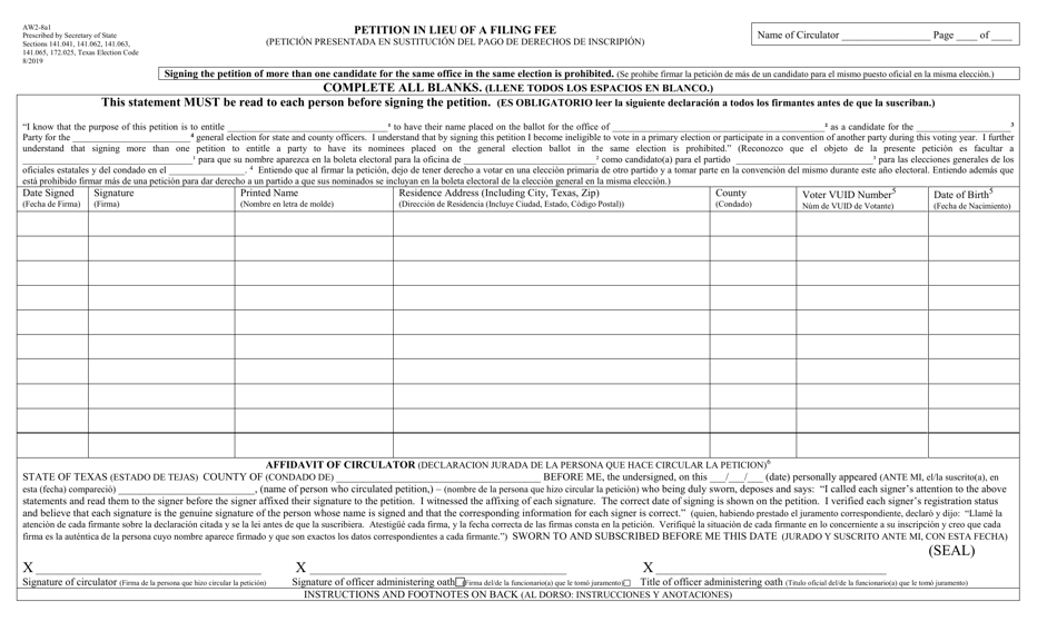 Form AW2-8A1 Petition in Lieu of Filing Fee for Candidate Filings - Texas (English / Spanish), Page 1