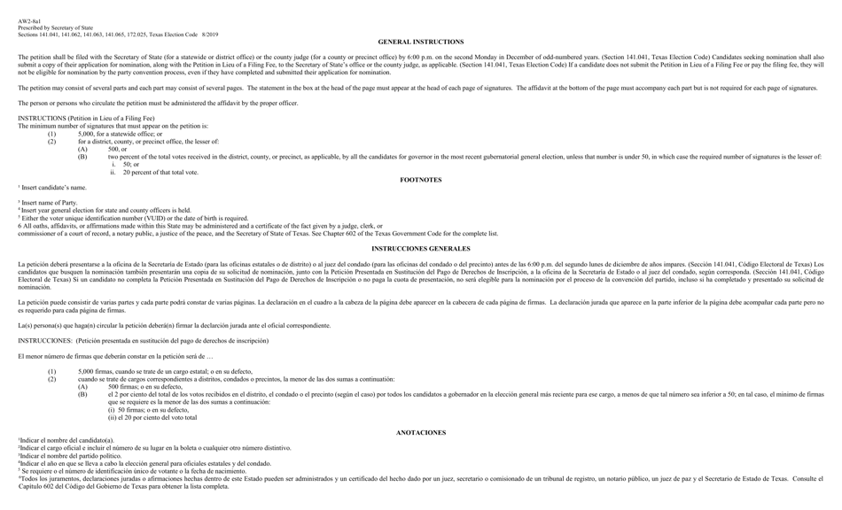 Form AW2-8A1 Petition in Lieu of Filing Fee for Candidate Filings - Texas (English / Spanish), Page 2