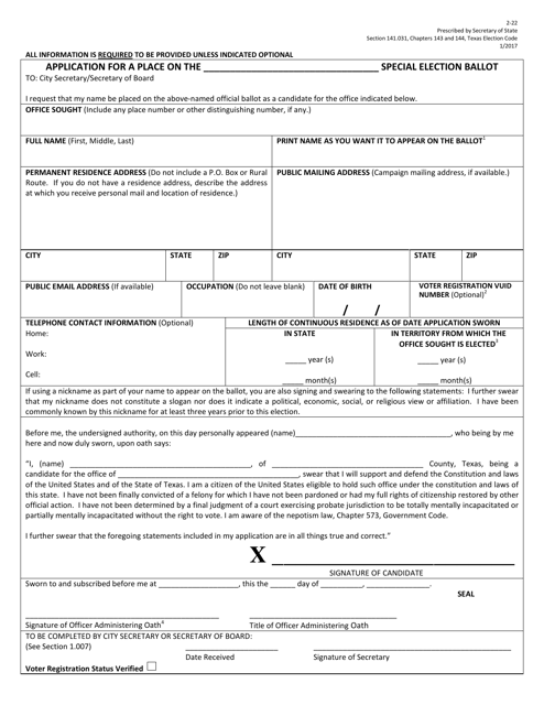 Form 2-22 Application for a Place on the Special Election Ballot - Texas (English/Spanish)