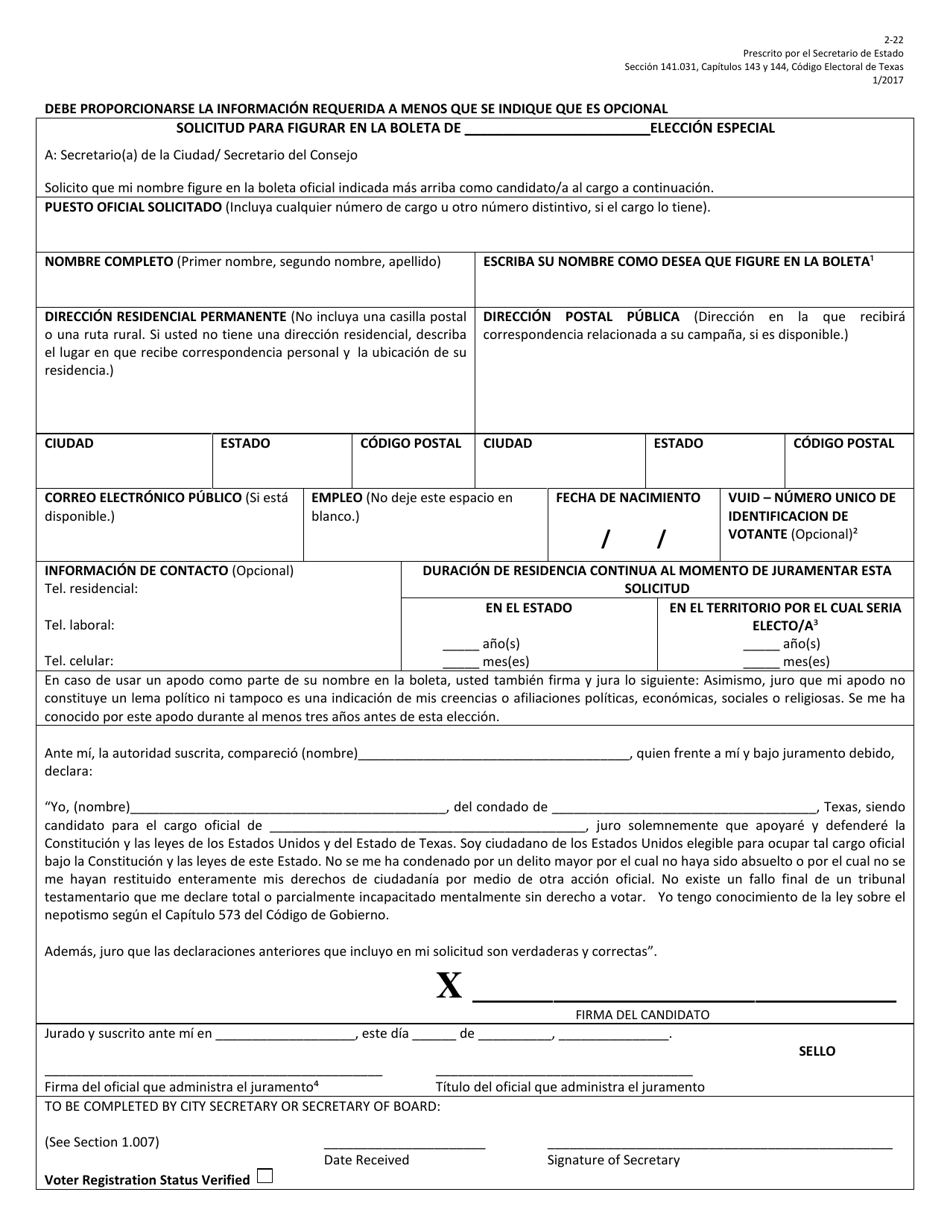 Form 2-22 Application for a Place on the Special Election Ballot - Texas (English / Spanish), Page 3