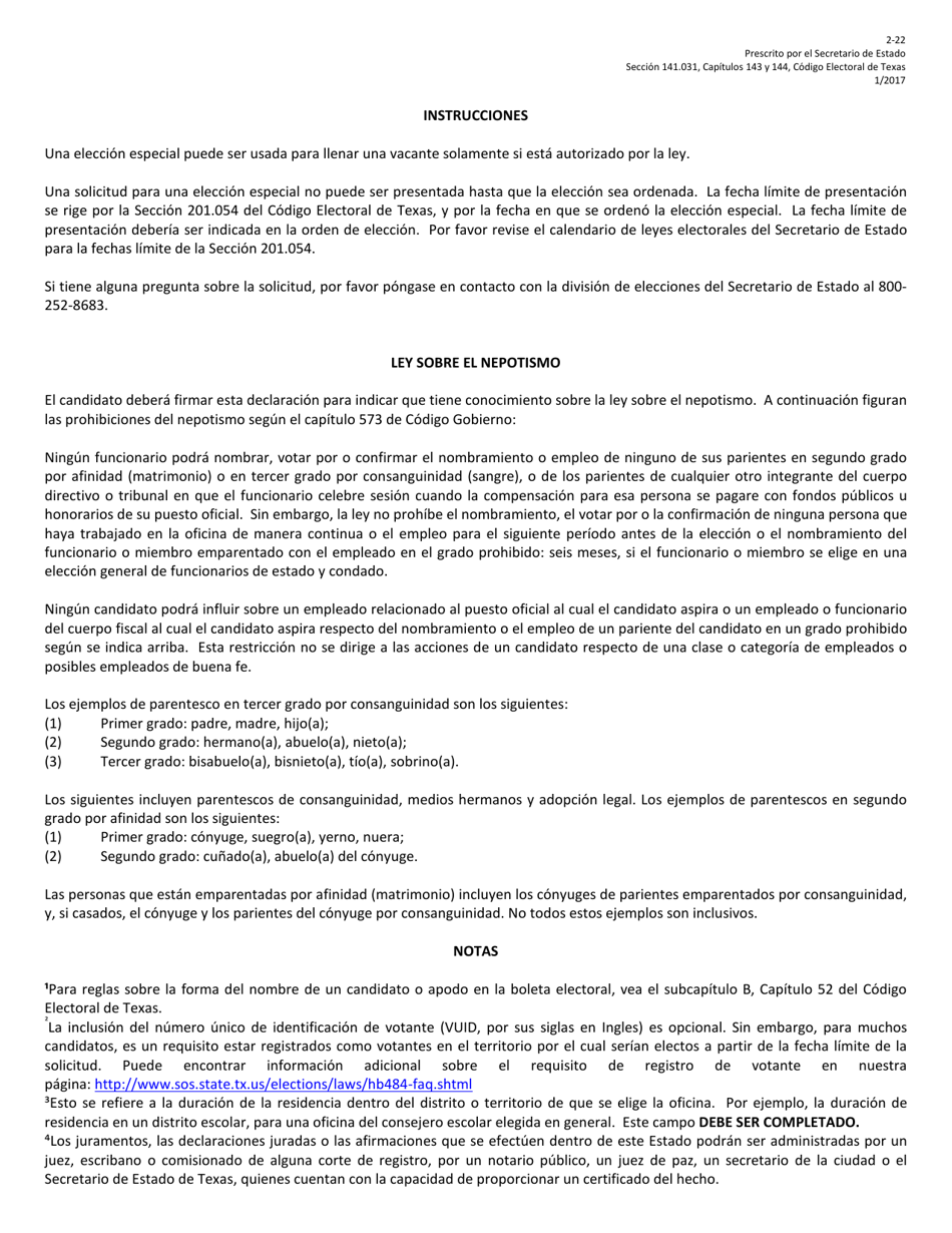 Form 2-22 Application for a Place on the Special Election Ballot - Texas (English / Spanish), Page 4