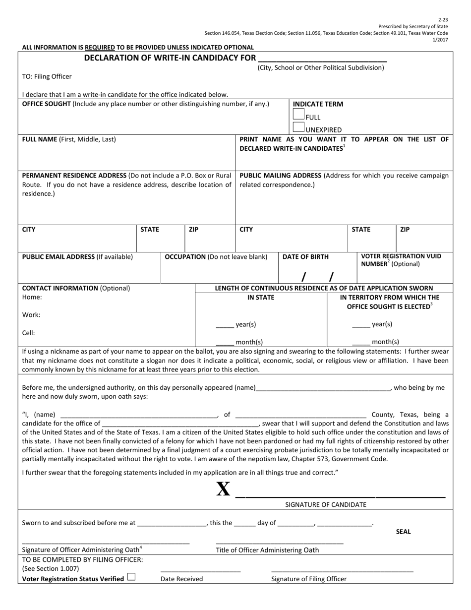 Form 2-23 Declaration of Write-In Candidacy for City, School or Other Political Subdivisions - Texas (English / Spanish), Page 1