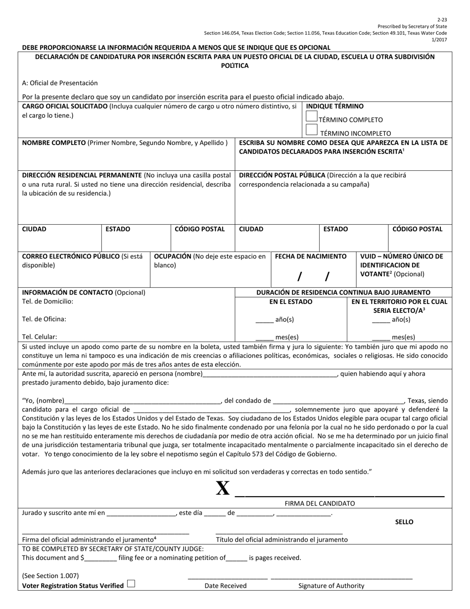 Form 2-23 Declaration of Write-In Candidacy for City, School or Other Political Subdivisions - Texas (English / Spanish), Page 3