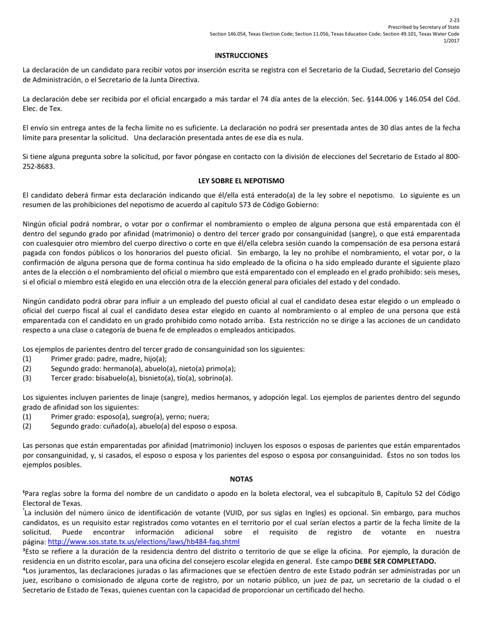 Form 2-23 Declaration of Write-In Candidacy for City, School or Other Political Subdivisions - Texas (English / Spanish), Page 4