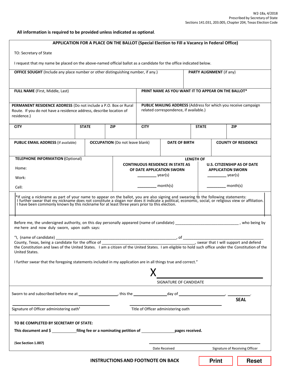 Form W2-18A Application for a Place on the Ballot (Special Election to Fill a Vacancy in Federal Office) - Texas (English / Spanish), Page 1