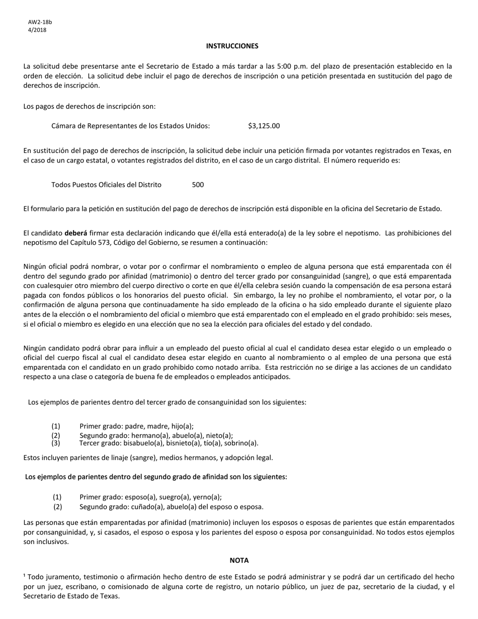 Form W2-18A Application for a Place on the Ballot (Special Election to Fill a Vacancy in Federal Office) - Texas (English / Spanish), Page 4