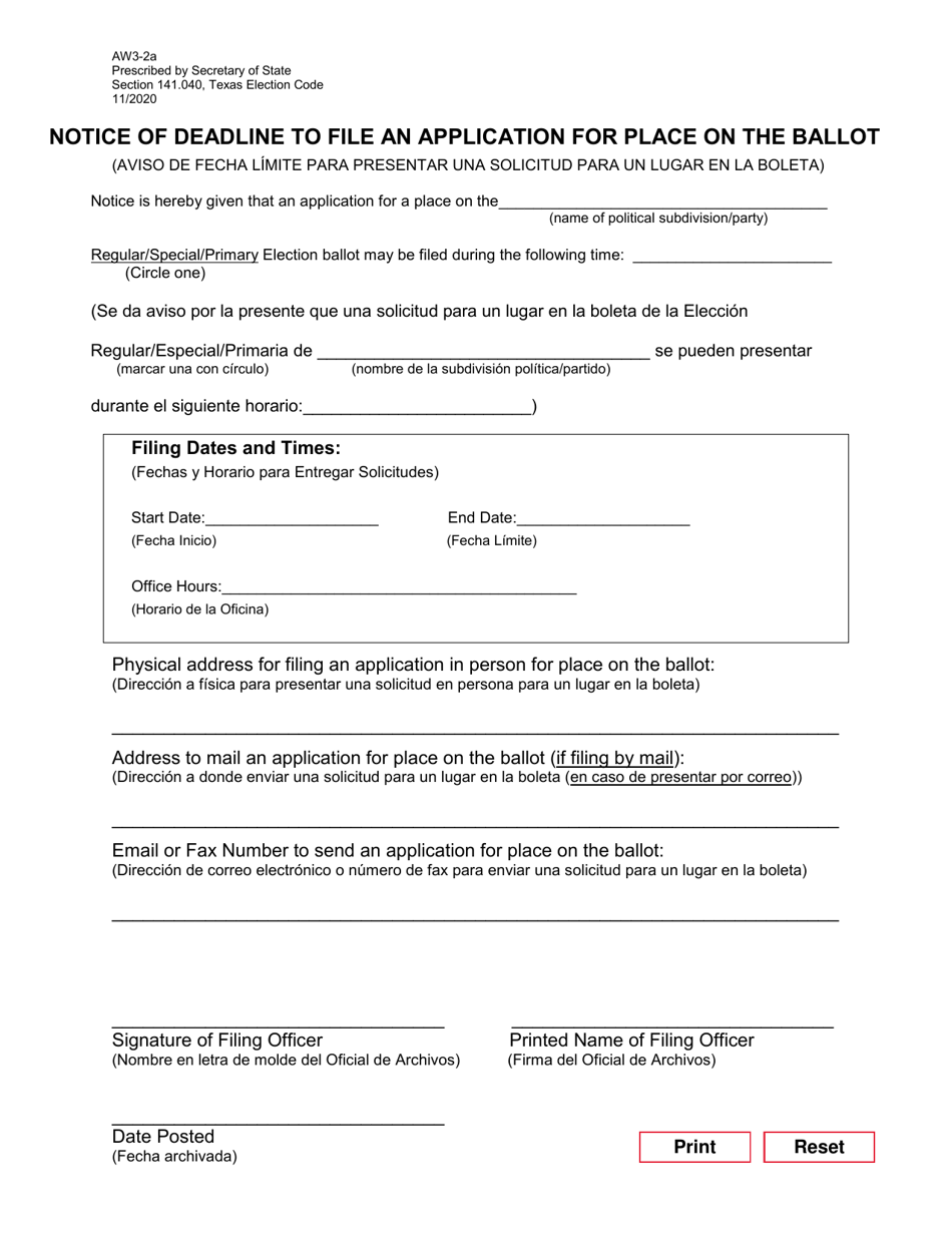 Form AW3-2A Notice of Deadline to File an Application for Place on the Ballot - Texas (English/Spanish), Page 1