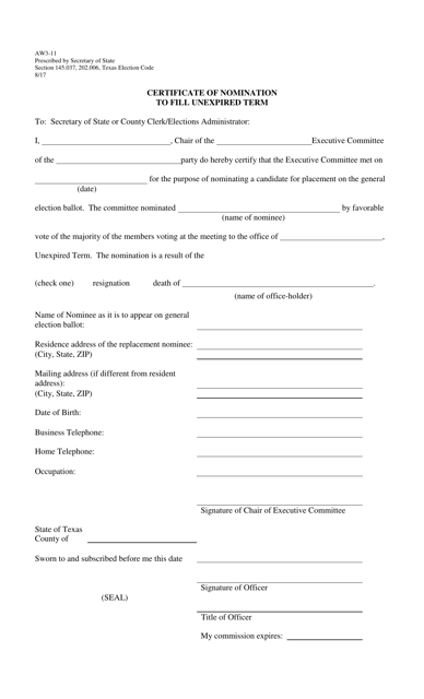 Form AW3-11 Certificate of Nomination to Fill Unexpired Term - Texas