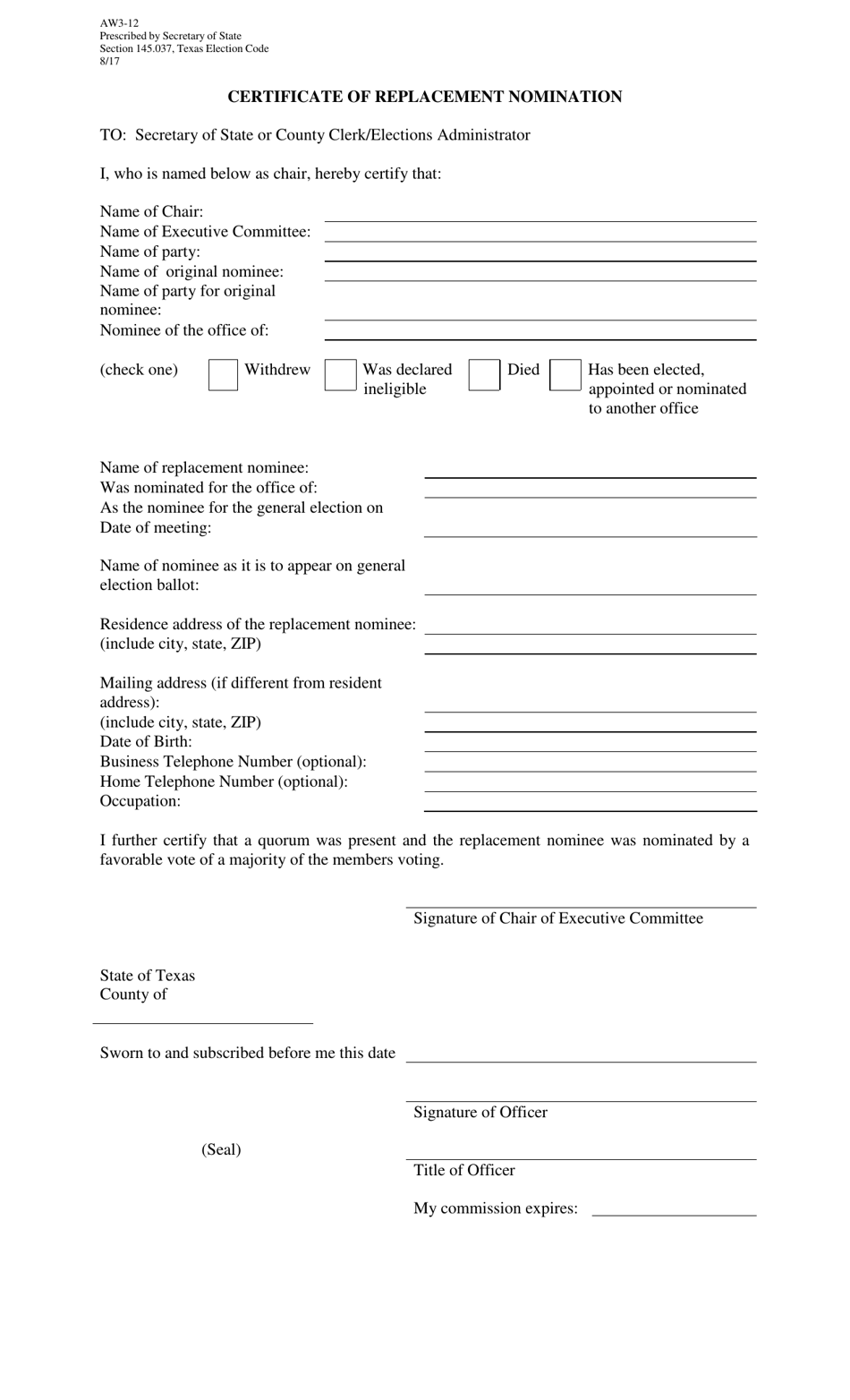 Form AW3-12 Certificate of Replacement Nomination - Texas, Page 1