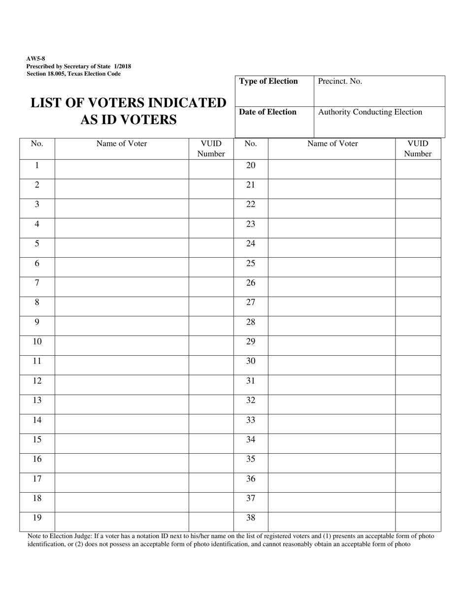 Form AW5-8 List of Voters Indicated as Id Voters - Texas, Page 1