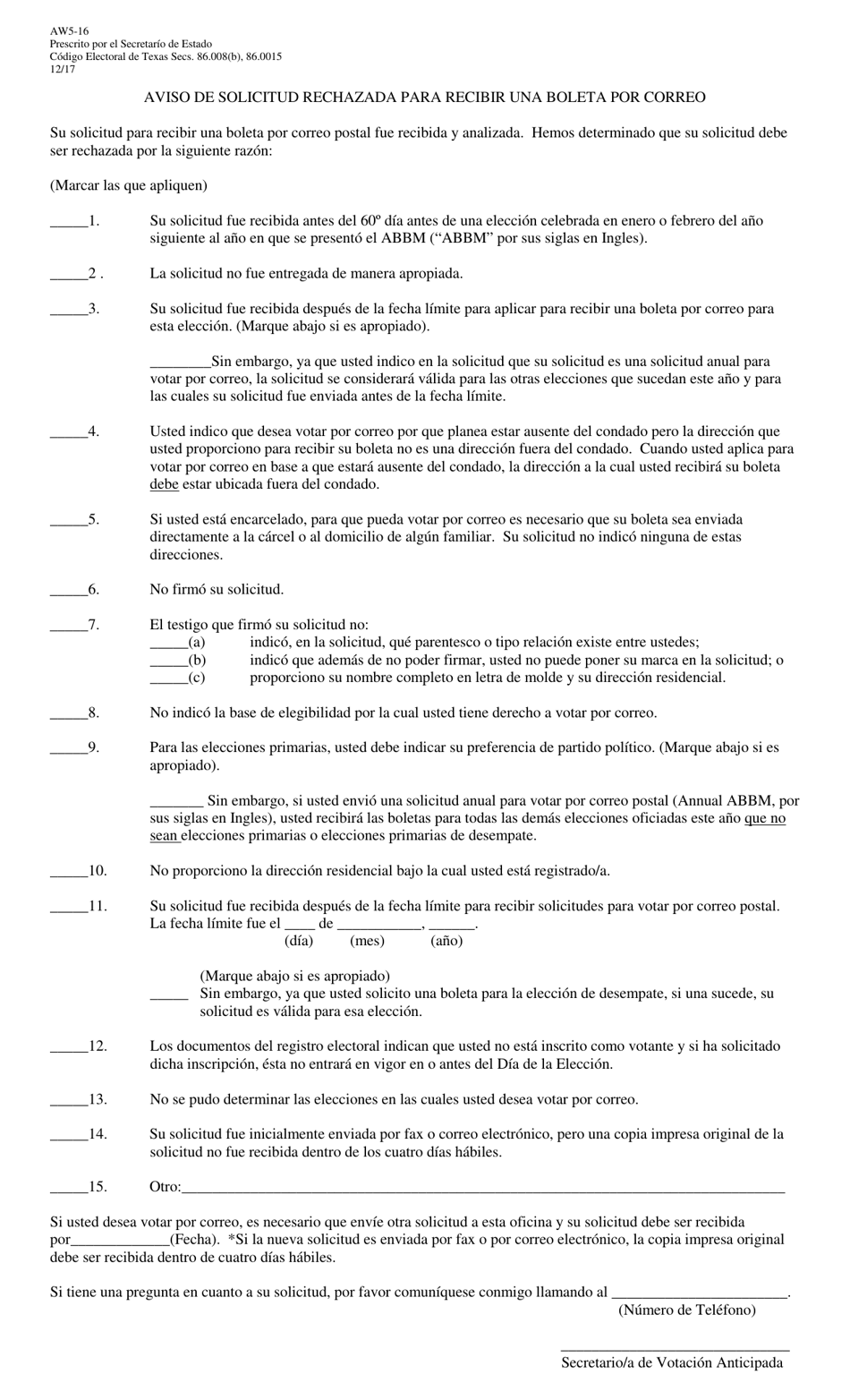 Form AW5-16 Notice of Rejected Application for Ballot by Mail - Texas (English / Spanish), Page 2