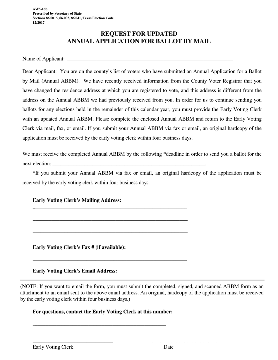 Form AW5-16B Request for Updated Annual Application for Ballot by Mail - Texas (English / Spanish), Page 1