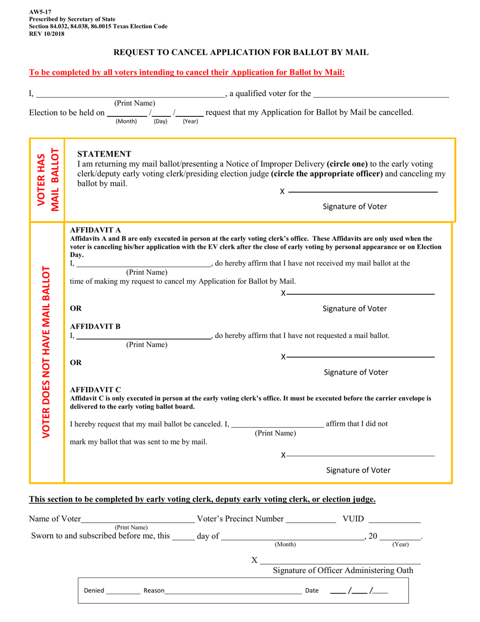 Form AW5-17 Request to Cancel Application for Ballot by Mail - Texas, Page 1