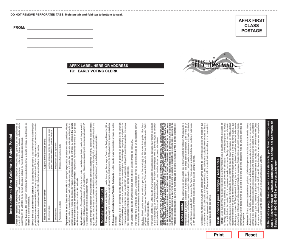 Formulario A5-15 Solicitud De Boleta Postal - Texas (Spanish), Page 2
