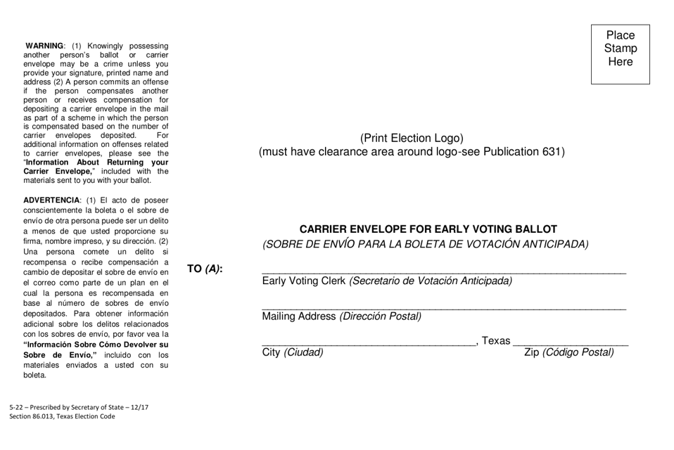 Form 5-22 Carrier Envelope for Early Voting Ballot - Texas (English/Spanish)