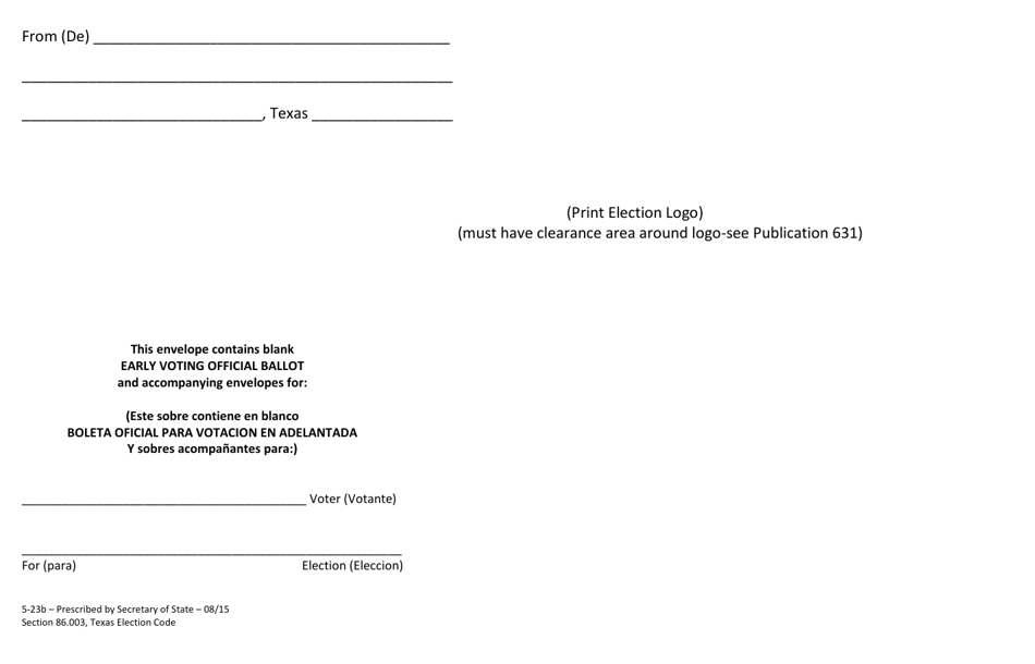 Form 5-23B Early Voting Envelope for Blank Ballot - Texas (English / Spanish), Page 1
