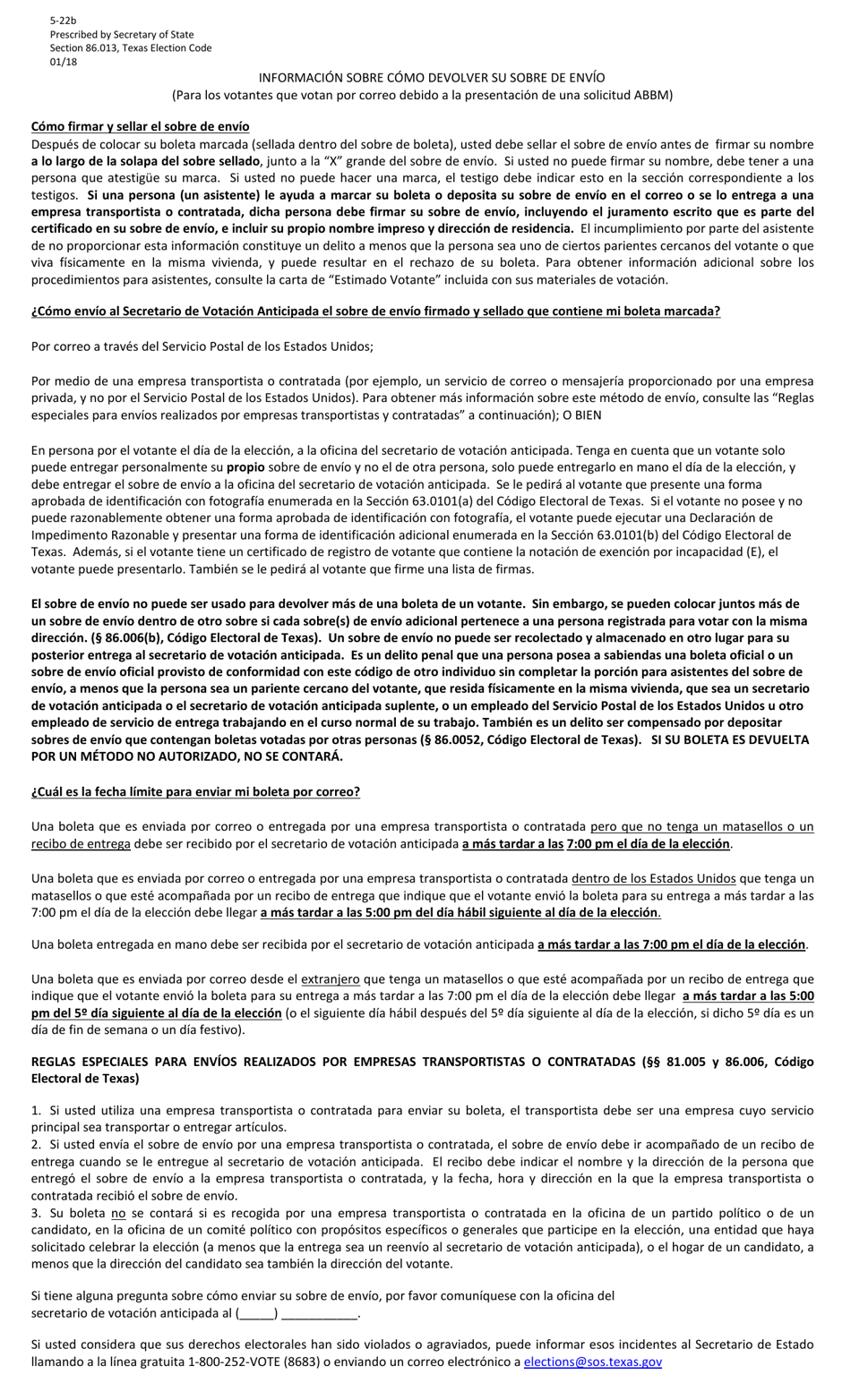 Form 5-22B Information About Returning Your Carrier Envelope - Texas (English / Spanish), Page 2