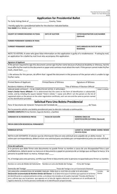 Form 5-31 Application for Presidential Ballot - Texas (English/Spanish)