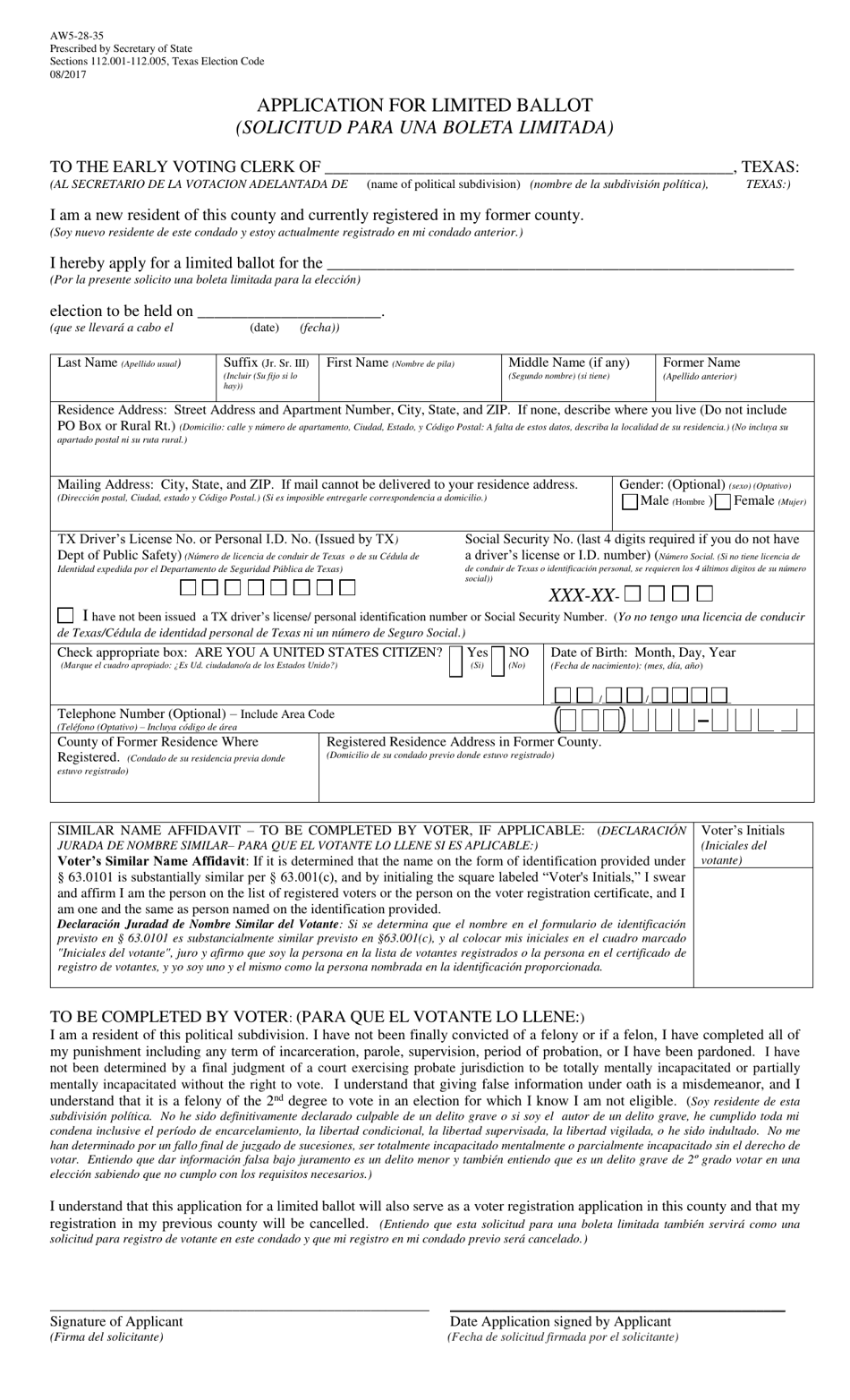 Form AW5-28-35 Application for Limited Ballot - Texas (English / Spanish), Page 1