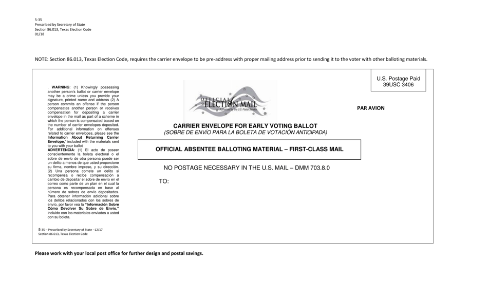 Form 5-35 Carrier Envelope for Early Voting Ballot - Texas (English / Spanish), Page 3