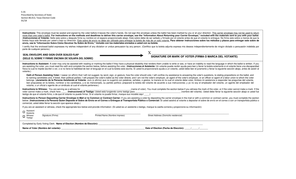 Form 5-35 Carrier Envelope for Early Voting Ballot - Texas (English / Spanish), Page 4