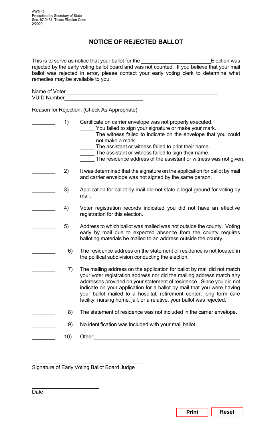 Form AW5-42 Notice of Rejected Ballot - Texas (English / Spanish), Page 1