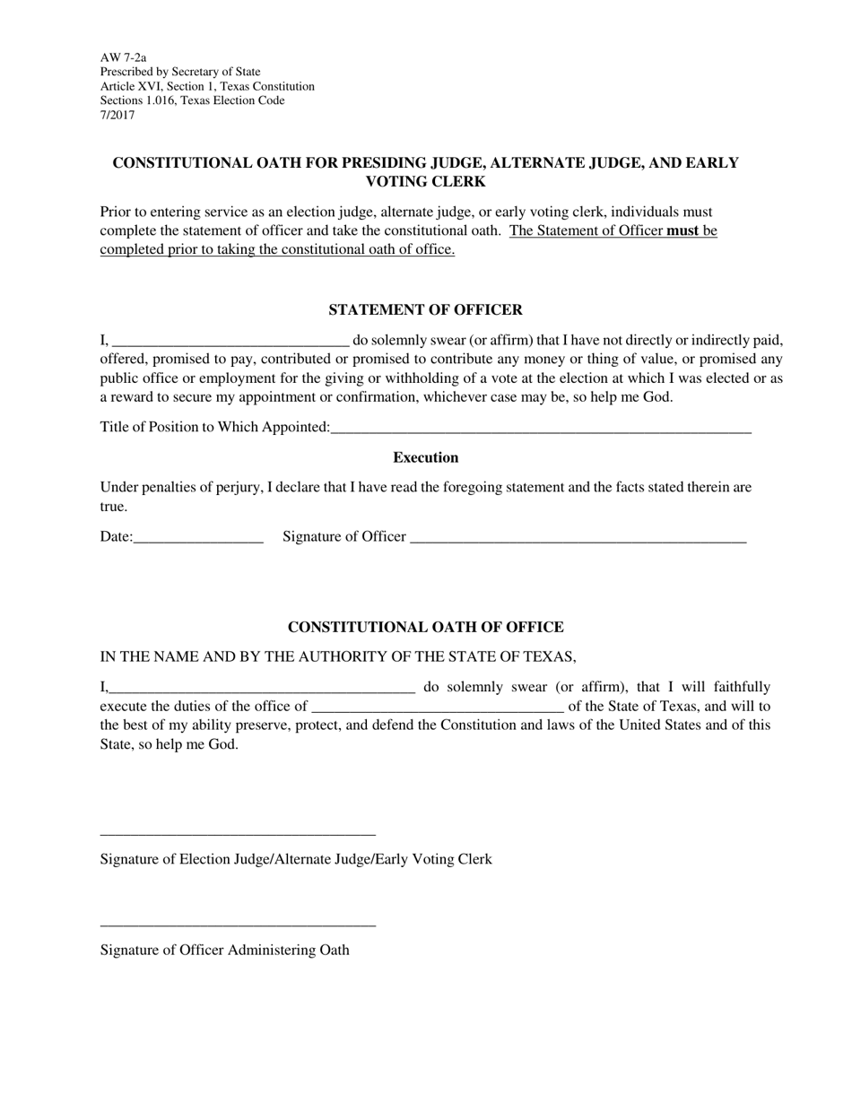 Form AW7-2A Constitutional Oath for Presiding Judge, Alternate Judge, and Early Voting Clerk - Texas, Page 1