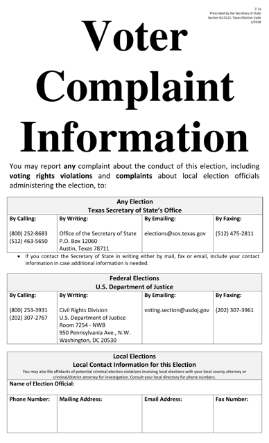 Form 7-7A Voter Complaint Information Poster - Texas (English/Spanish)