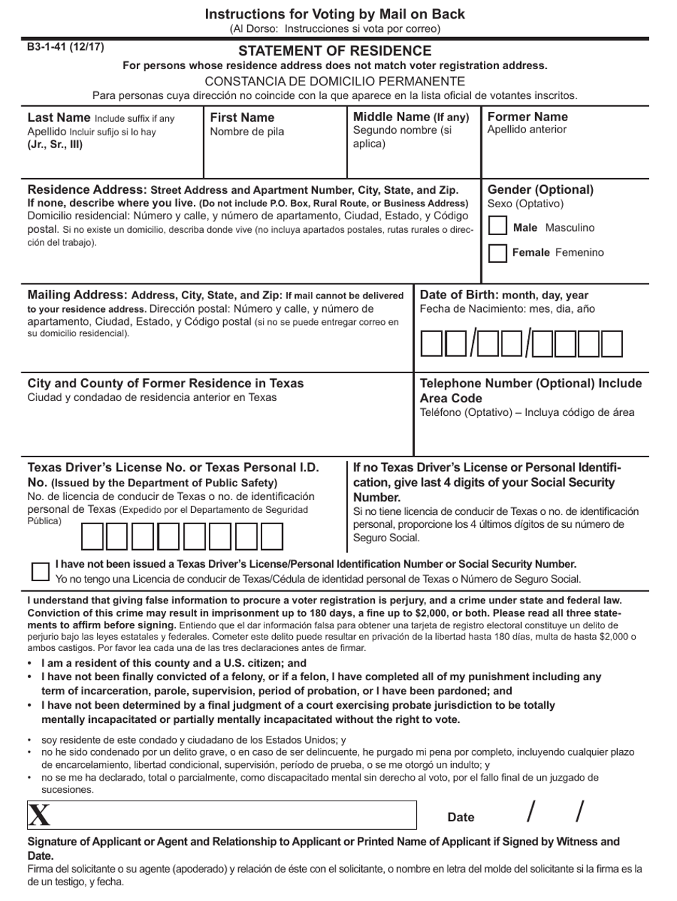 Form B3-1-41 Statement of Residence - Texas (English / Spanish), Page 1