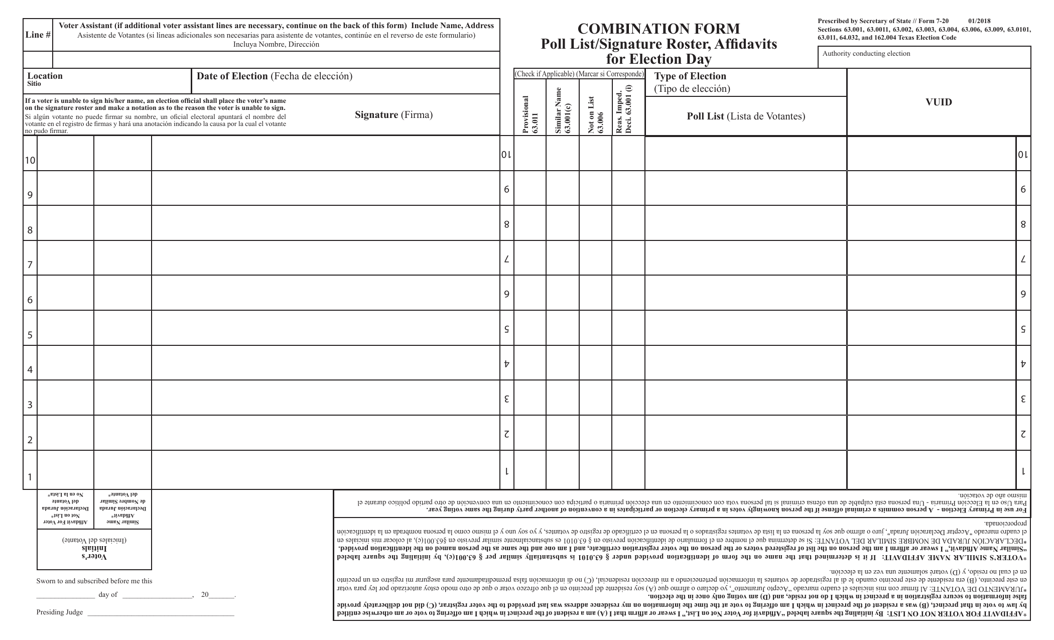 Form 7-20 Combination Form - Poll List/Signature Roster, Affidavits for Election Day - Texas (English/Spanish)