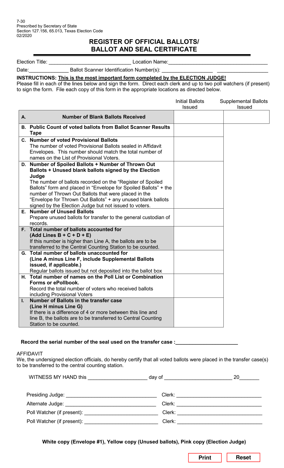 Form 7-30 Register of Official Ballots / Ballot and Seal Certificate - Texas, Page 1