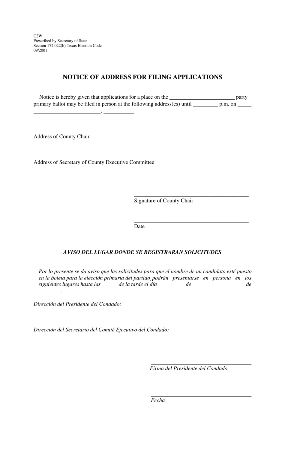 Form C2W Notice of Address for Filing Applications - Texas (English / Spanish), Page 1
