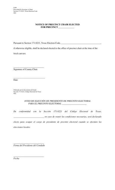Form C6W Notice of Precinct Chair Elected - Texas (English/Spanish)