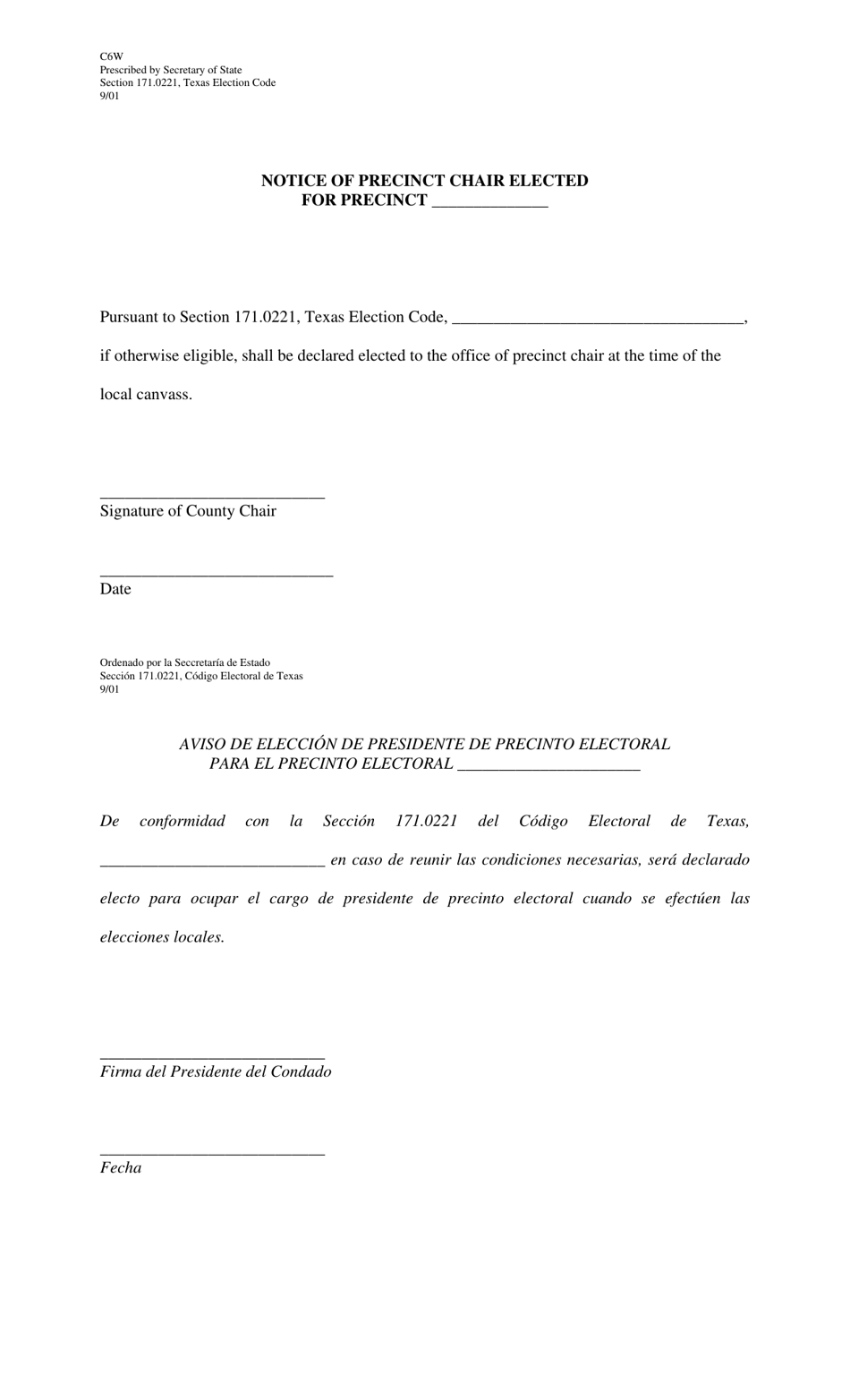 Form C6W Notice of Precinct Chair Elected - Texas (English / Spanish), Page 1