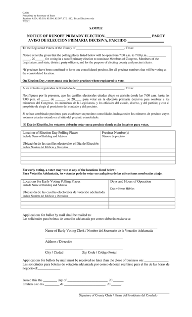 Form C26W Notice of Runoff Primary Election - Texas (English/Spanish)