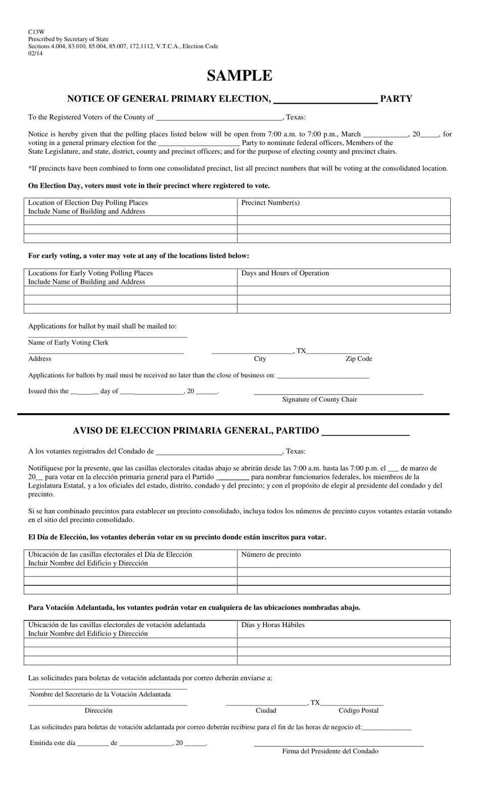 Form C13W Notice of General Primary Election - Texas (English / Spanish), Page 1
